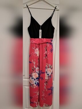 Black & Coral Floral Print Maxi Dress with Spaghetti Straps and Side Slit